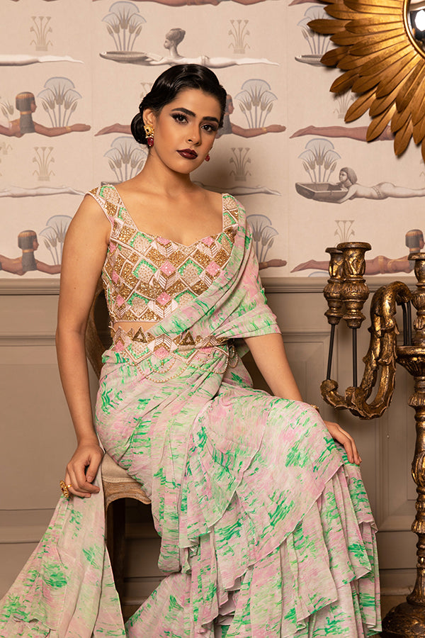 Vishakha Peach Floral Printed Georgette Sharara Saree Set