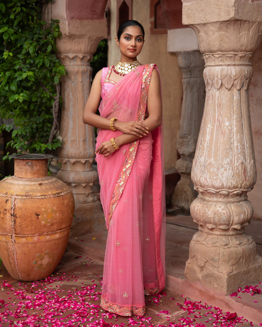 PEACH NET SAREE