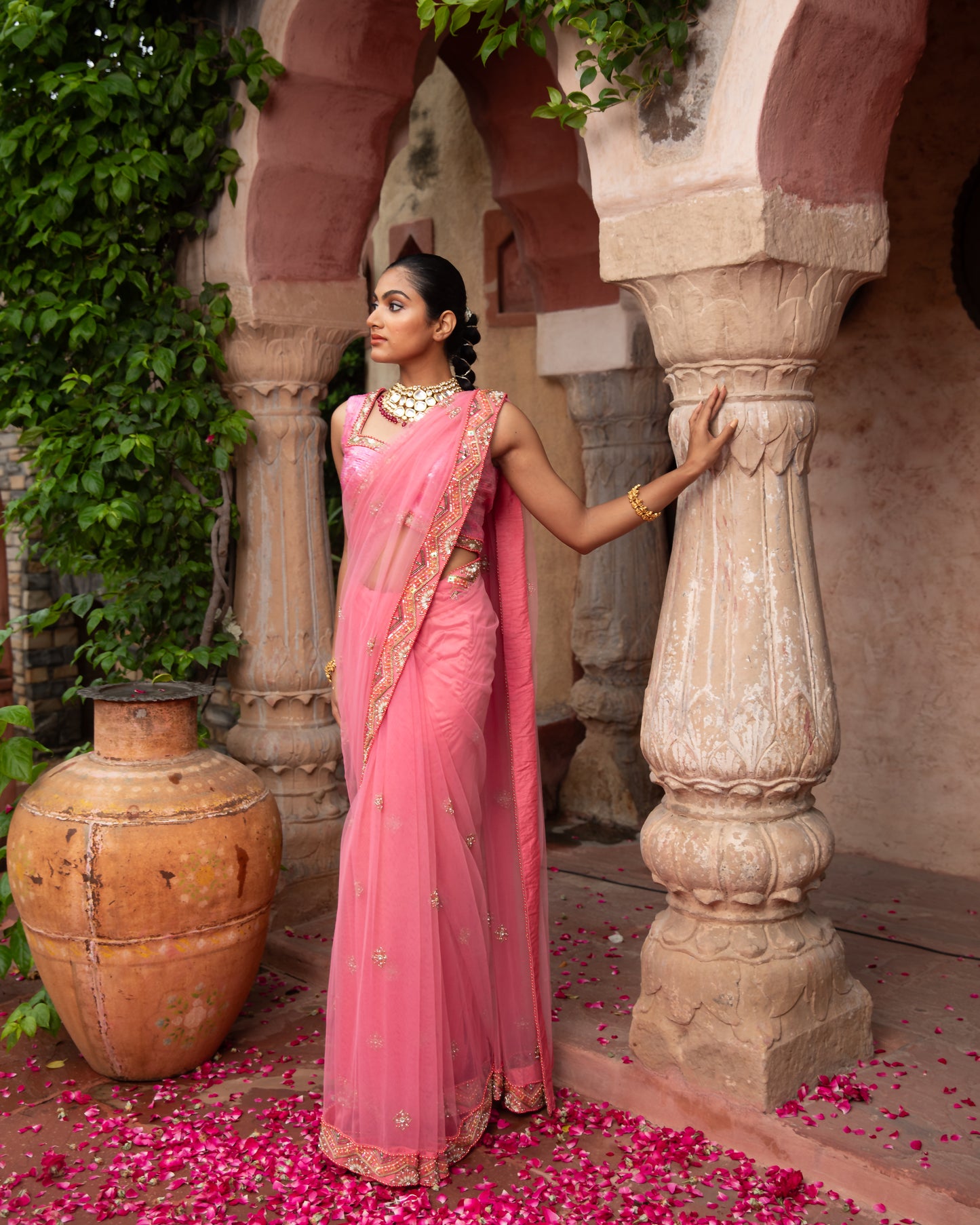 PEACH NET SAREE