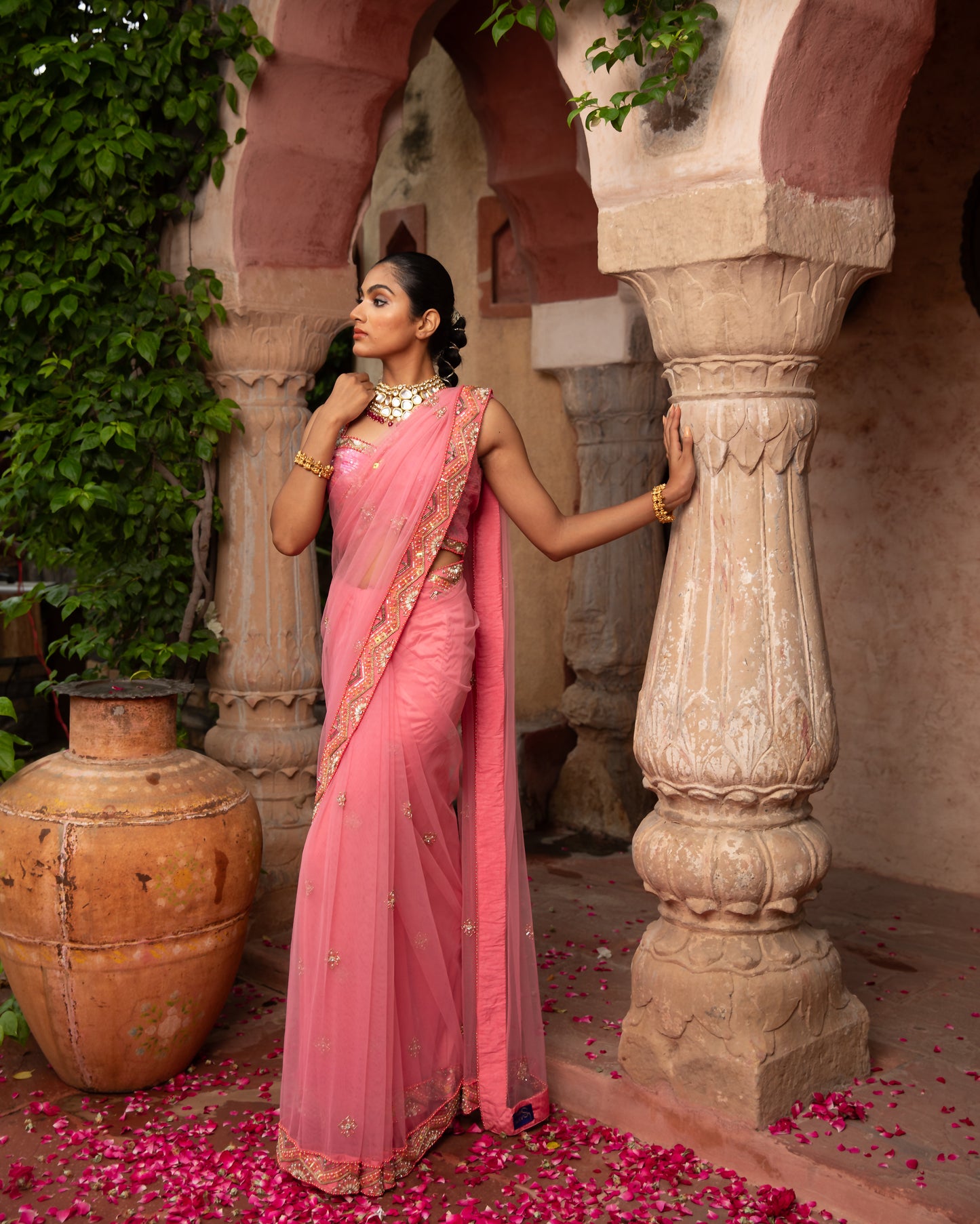 PEACH NET SAREE