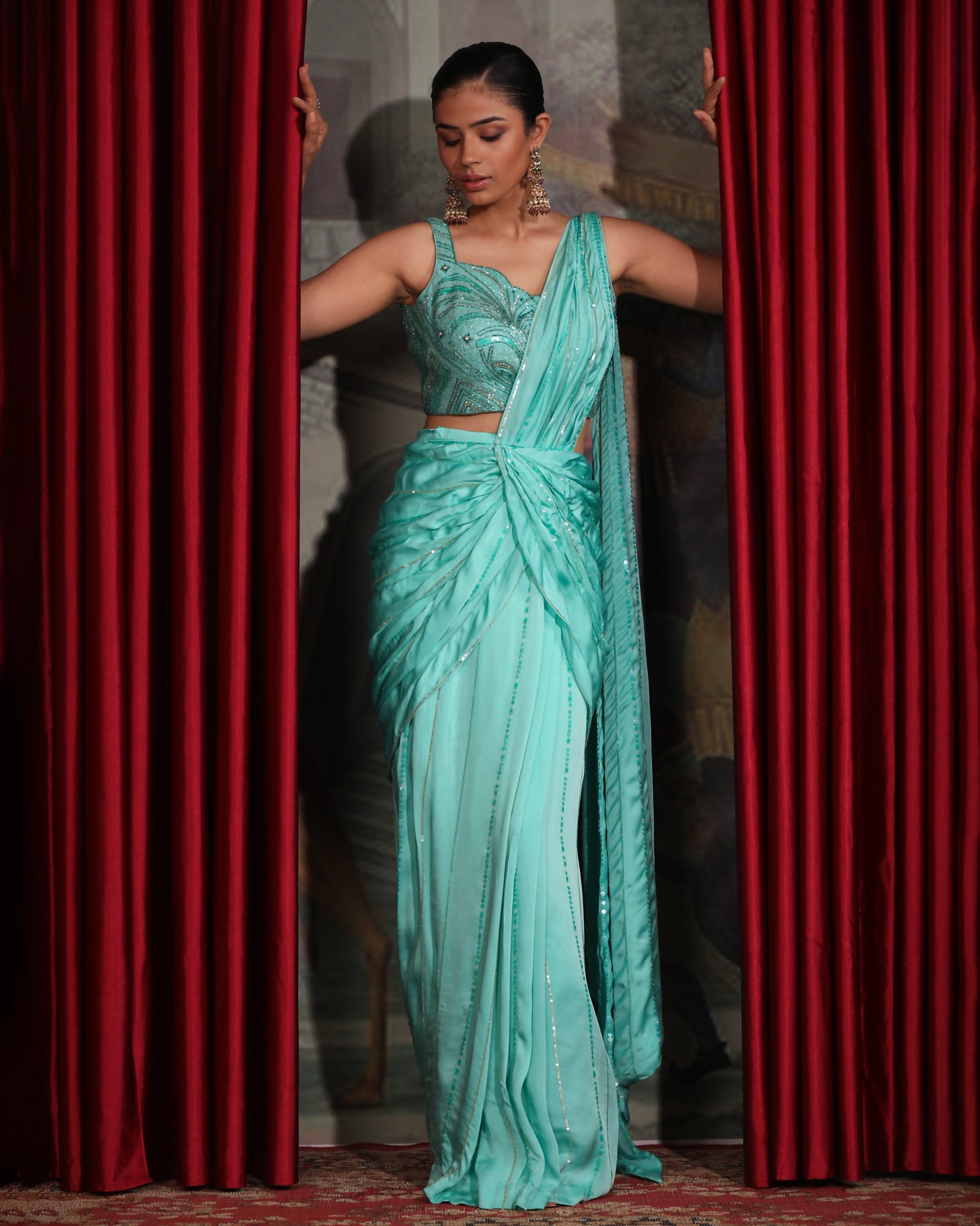 TURQUOISE PRE-STITCHED SAREE