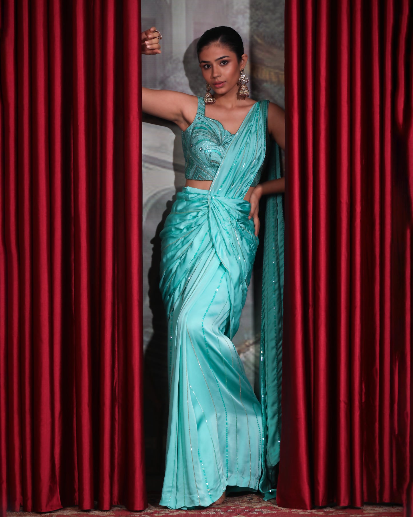 TURQUOISE PRE-STITCHED SAREE